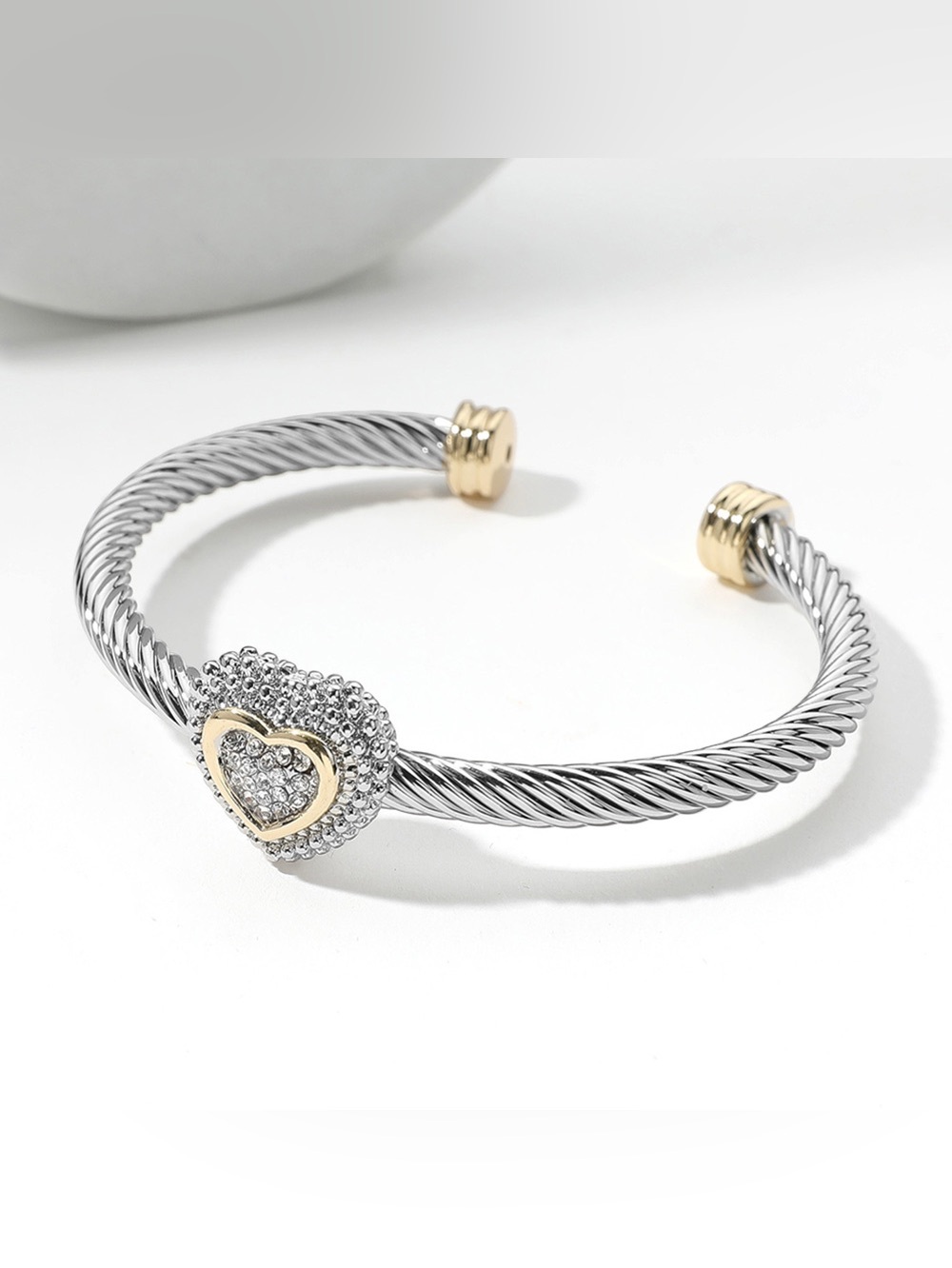 14K Gold Plated Two Tone Stone Paved Heart Cluster Pointed Twisted Cuff Bracelet